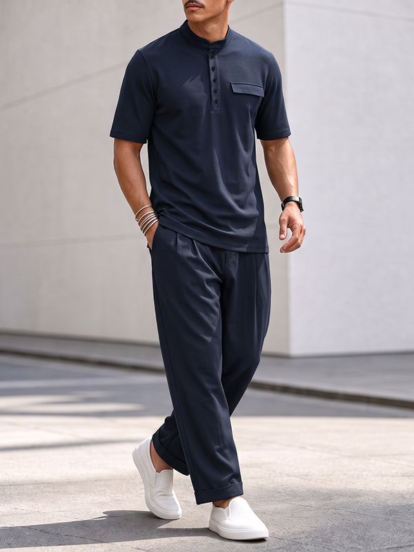Men's Urban Smart Casual Henley Collar Two Pieces Outfit SKUL74894