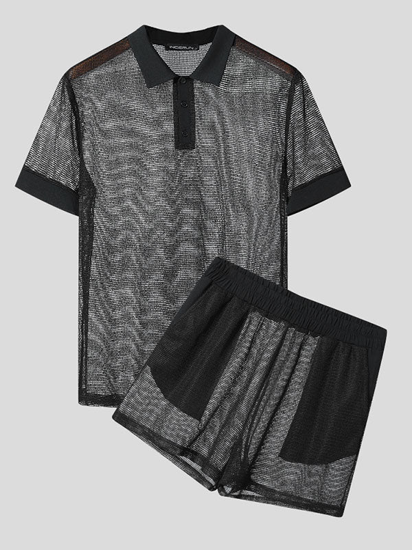 Mens Hollow Mesh Short-Sleeve Two Pieces Outfit SKUL04244