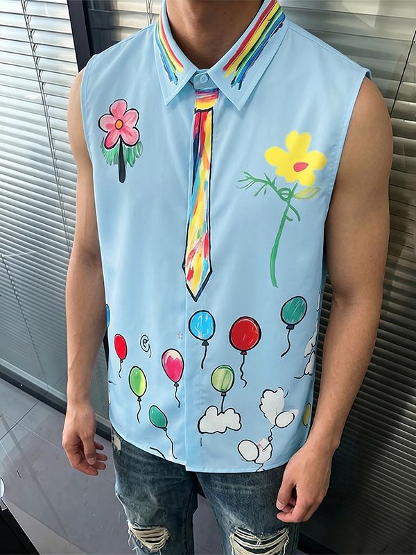 Men's Playful Avant-Garde Hand-Drawn Rainbow Tie Graphic Sleeveless Button-Up Shirt SKUL69069