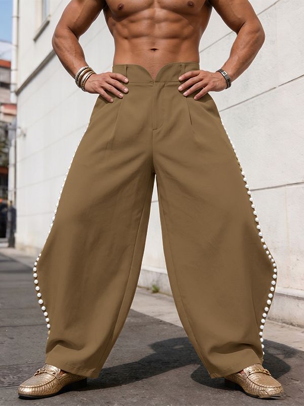 Men's Avant-Garde Pearl Beaded Side Slit High Waist Wide Leg Pant SKUL68004