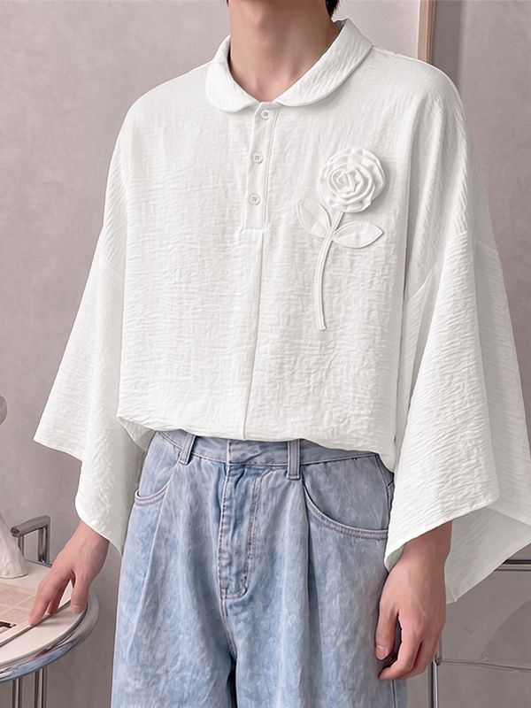 Men's Zen Minimalist Art Exhibition 3D Rose Flower Crinkle Textured Kimono Sleeve Shirt SKUL85967