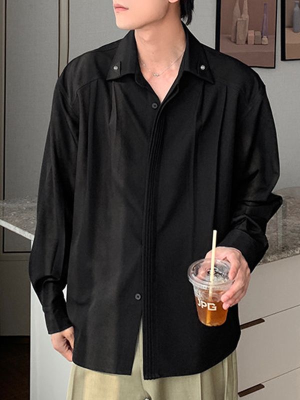 Men's Early Autumn Urban Casual Front Pleat Loose Fit Long Sleeve Turn-Down Collar Shirt SKUL78144