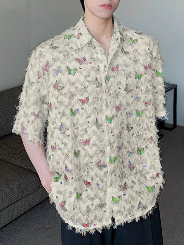 Mens Butterfly Print Textured Short Sleeve Shirt SKUK58623