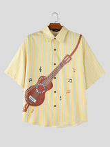 Men's Vintage Striped Guitar Print Turn Down Collar Dropped Shoulder Short Sleeve Shirt SKUL74461