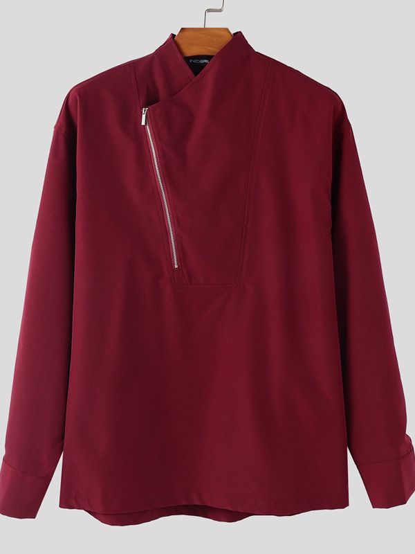 Men's Solid Color Slanted Zip Long Sleeve Shirt SKUL41387