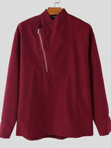 Men's Solid Color Slanted Zip Long Sleeve Shirt SKUL41387