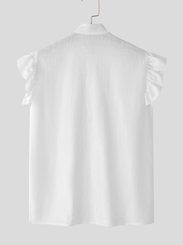 Mens Ruffled Stand Collar Sleeveless Shirt SKUL10613