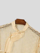 Men's Hollow Out Mesh Frog Button Half Sleeve Shirt SKUL55348