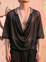 Men's Y2K Liquid Metal Avant-Garde Drape Cowl Neck T-shirt SKUL70453