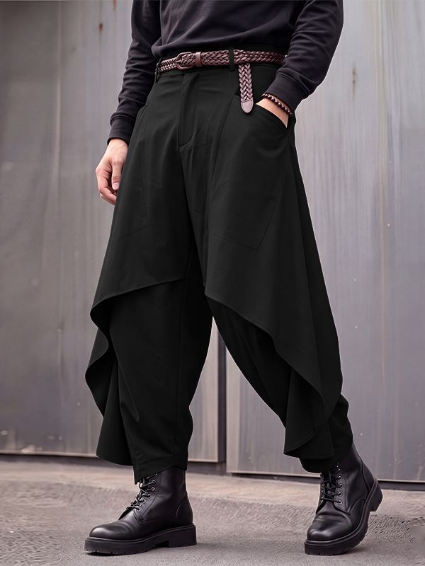 Men's Avant-Garde Darkwear Urban Street Asymmetric Skirt Overlay Drop-Crotch Pant SKUL84575