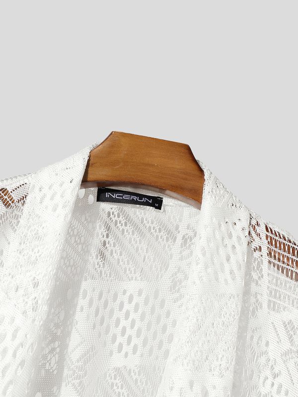 Men's Summer Beach Sheer Crochet Lace Open Front Kimono Cardigan SKUL69702