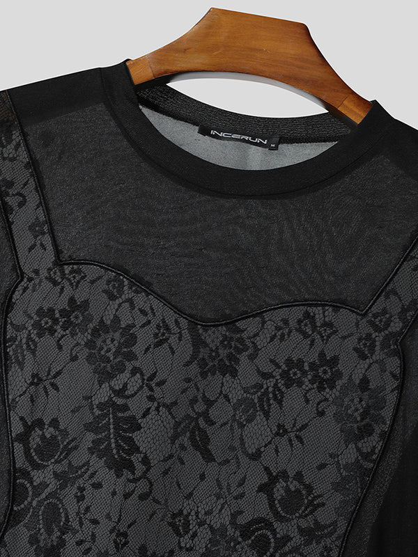 Mens Lace Patchwork Casual Short Sleeve T-Shirt SKUL13907