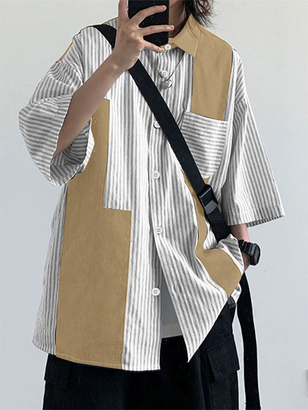 Mens Striped Patchwork Casual Short Sleeve Shirt SKUL15377