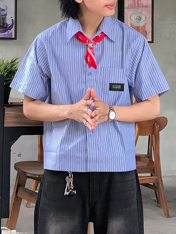 Mens Simple Striped Short Cropped Short Sleeve Shirt SKUL02352