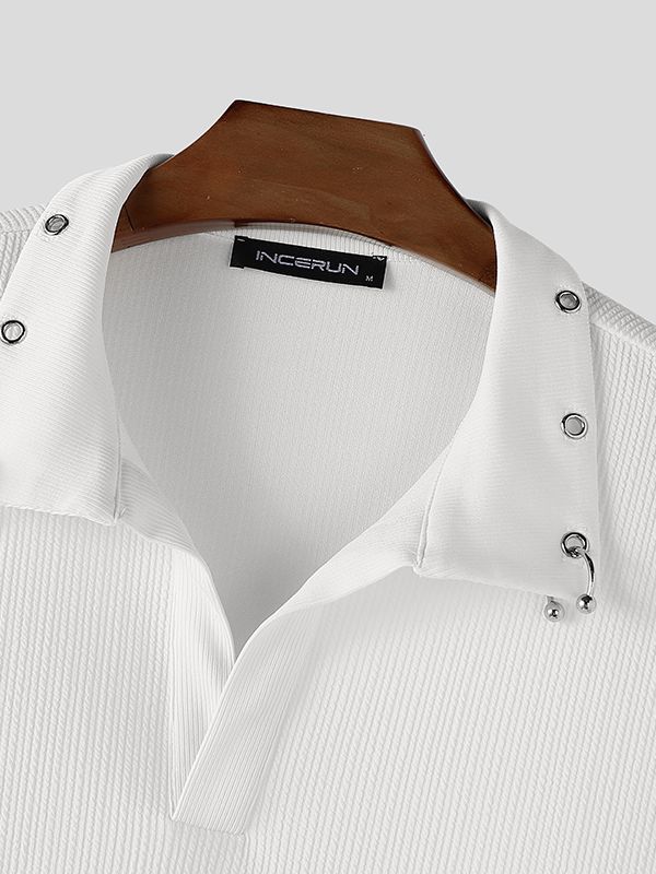 Men's Solid Color Textured Metal Eyelet Long Sleeve Shirt SKUL43971