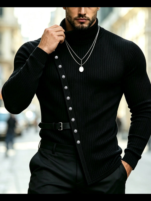 Men's Avant-Garde Diagonal Metal Grommet Buckled Belt Split Hem Long Sleeve Turtleneck T-shirt SKUL81136