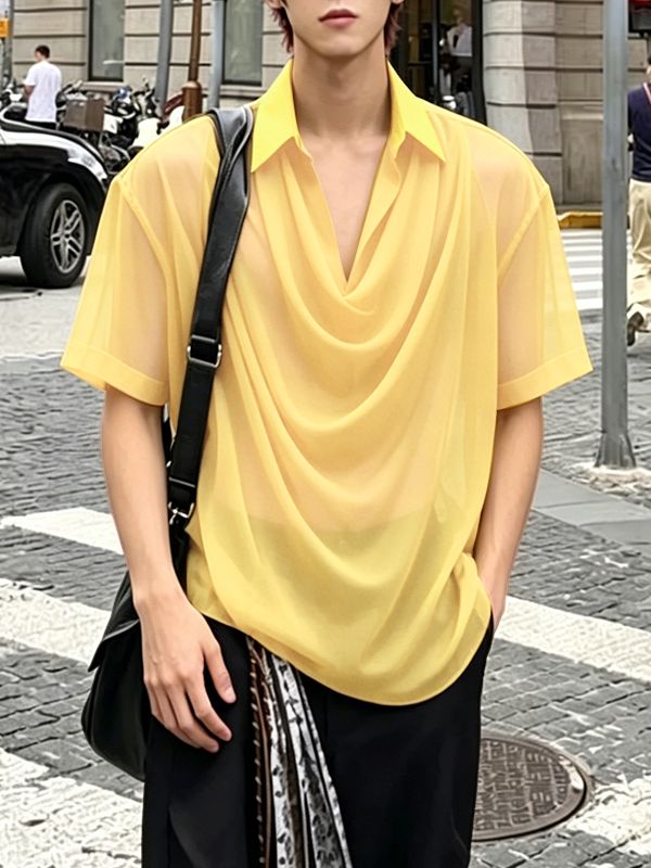 Men's Avant-Garde Draped Cowl Neck Sheer Mesh Shirt SKUL61025