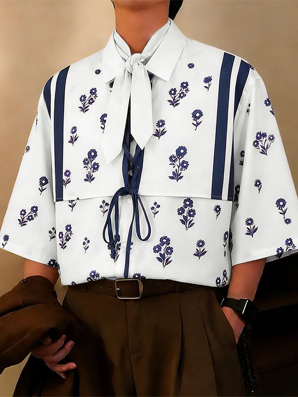Men's Vintage Floral Print Lace-up Front Short Sleeve Scarf Shirt SKUL53038