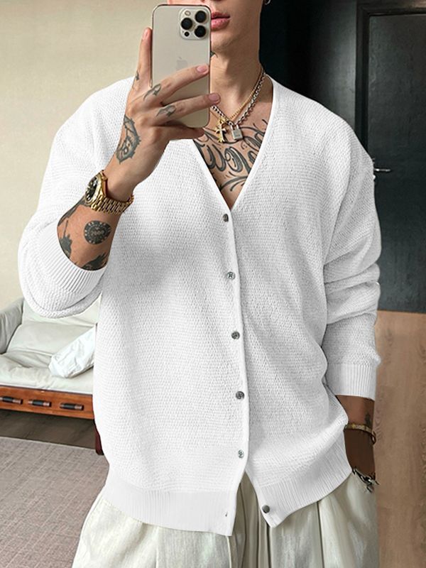 Men's Textured Knit V Neck Long Sleeve Cardigan SKUL33862
