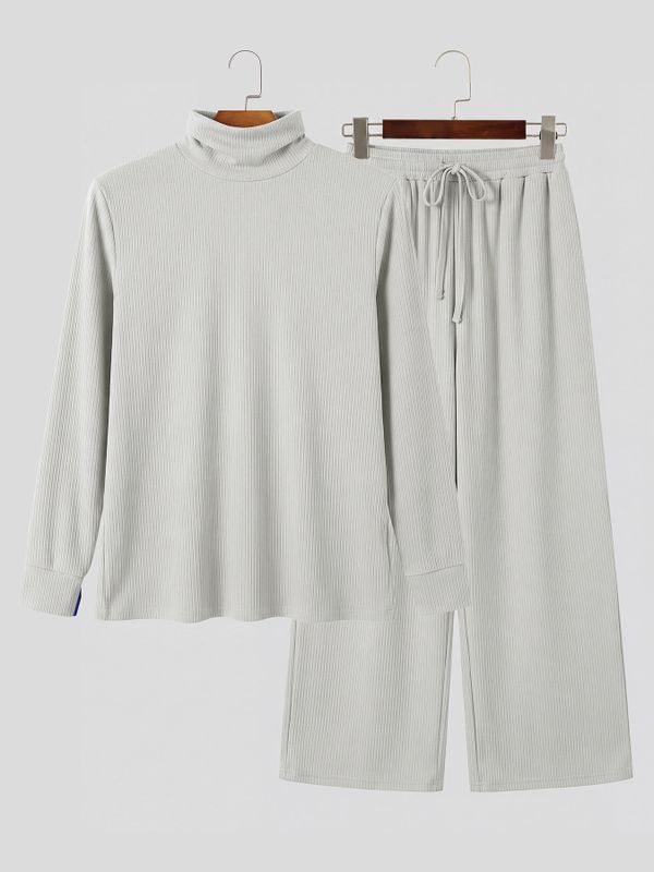 Men's Chill Minimalist City Walk Turtleneck Ribbed Knit Two Pieces Outfit SKUL85953