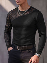 Men's Avant-Garde Nightclub Party Asymmetric Floral Lace Spliced Slim-Fit T-shirt SKUL84580