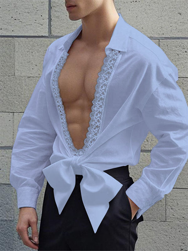 Mens Lace Patchwork Hollow-Out Long-Sleeve Shirt SKUK97045