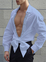 Mens Lace Patchwork Hollow-Out Long-Sleeve Shirt SKUK97045