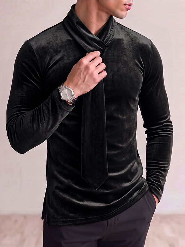 Men's Avant-Garde Early Autumn Velour Built-in Scarf Muscle Slim Long Sleeve Tie Neck T-shirt SKUL81739