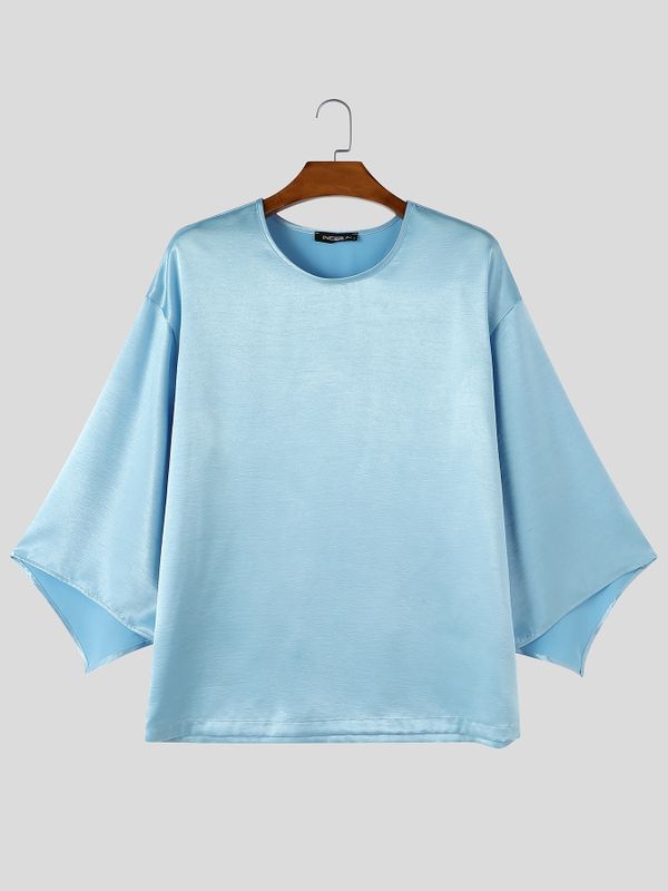 Men's Romantic Avant-Garde High-Shine Satin Kimono-Sleeve Flowy T-shirt SKUL80552