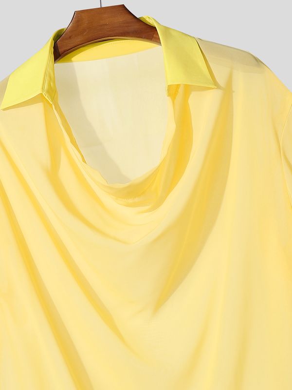 Men's Avant-Garde Draped Cowl Neck Sheer Mesh Shirt SKUL61025