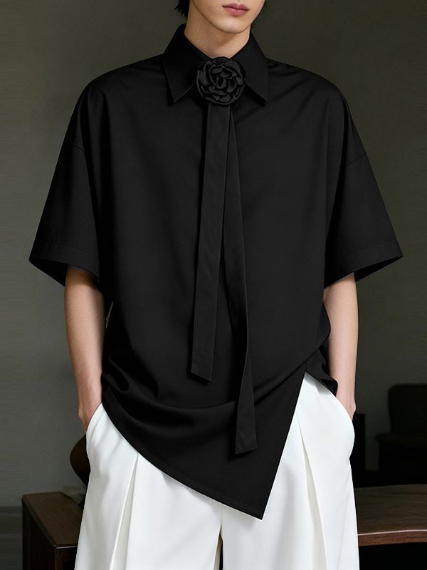 Men's 3D Floral Embellished Tie Design Short Sleeve Shirt SKUL45368