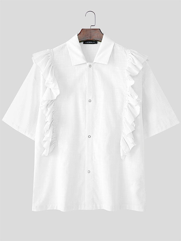 Mens Ruffle Hem Patchwork Short Sleeve Shirt SKUL08503