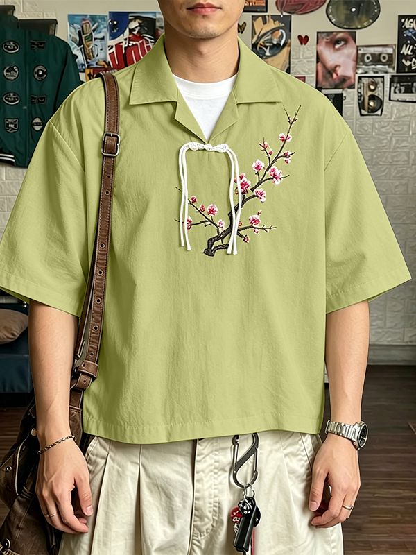 Men's Modern Chinese Turn-Down Collar Frog Button Plum Blossom Print Cropped Short Sleeve Shirt SKUL58701