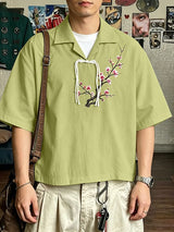 Men's Modern Chinese Turn-Down Collar Frog Button Plum Blossom Print Cropped Short Sleeve Shirt SKUL58701