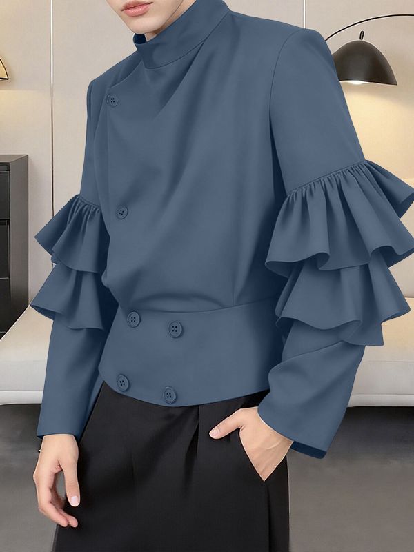 Men's Solid Drape Ruffled Patchwork Long Sleeve Shirt SKUL38916