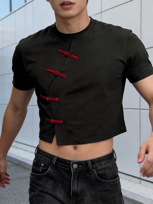 Men's New Chinese Style Frog Button Cropped Short Sleeve T-shirt SKUL56545
