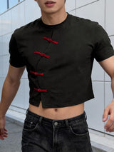 Men's New Chinese Style Frog Button Cropped Short Sleeve T-shirt SKUL56545