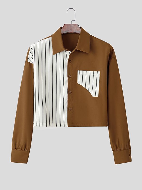 Men's Stripe Patchwork Contrast Color Cropped Short Sleeve Shirt SKUL41292