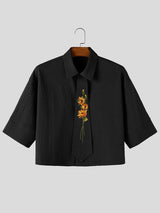 Men's Romantic Avant-Garde Sunflower Embroidered Drop Shoulder Half Sleeve Shirt SKUL78943