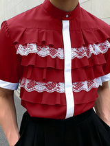 Men's Lace Patchwork Ruffled Short Sleeve Shirt SKUL50081