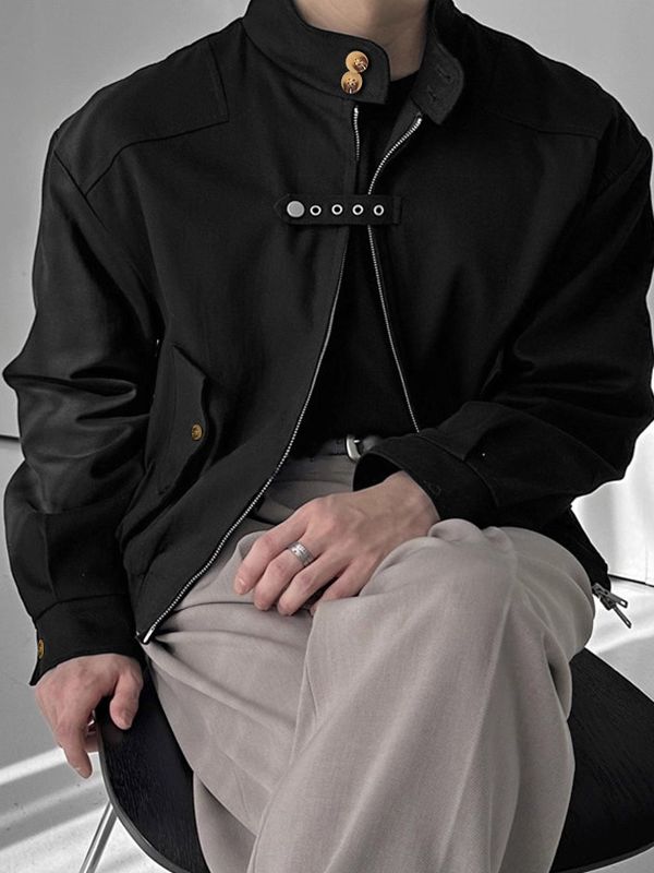 Men's Strap Patchwork Stand Collar Long Sleeve Jacket SKUL41074