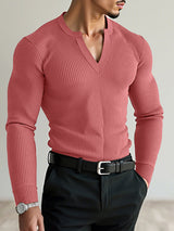 Men's Solid Color Knit Ribbed Long Sleeve T-Shirt SKUL28252