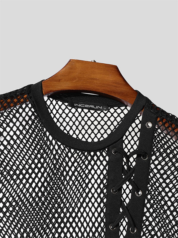 Mens Sheer Mesh Drawstring Cropped Short Sleeve T-Shirt SKUL17037