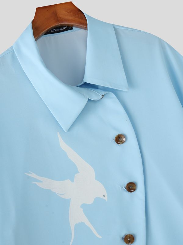 Men's Japanese Harajuku Flying Bird Print Asymmetric Diagonal Button Short Sleeve Shirt SKUL63005