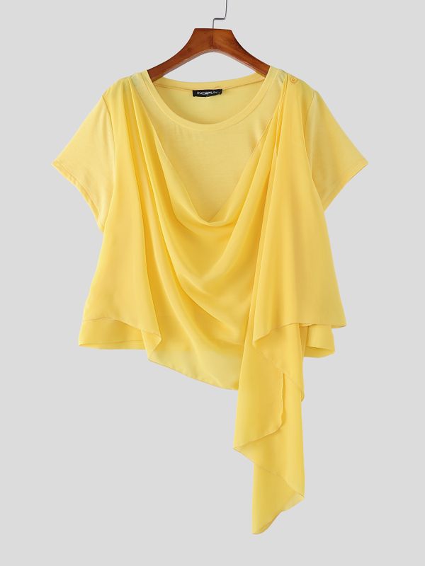 Men's Elegant Genderless Aesthetic Draped Asymmetric Fake Two Piece Chiffon T-shirt SKUL60126