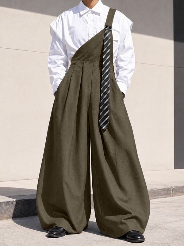 Men's Avant-Garde Deconstructed Asymmetric One-Shoulder Suspender High-Waist Jumpsuit SKUL73642