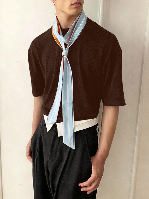 Men's Striped Scarf Crew Neck Knit Short Sleeve T-Shirt SKUL39904