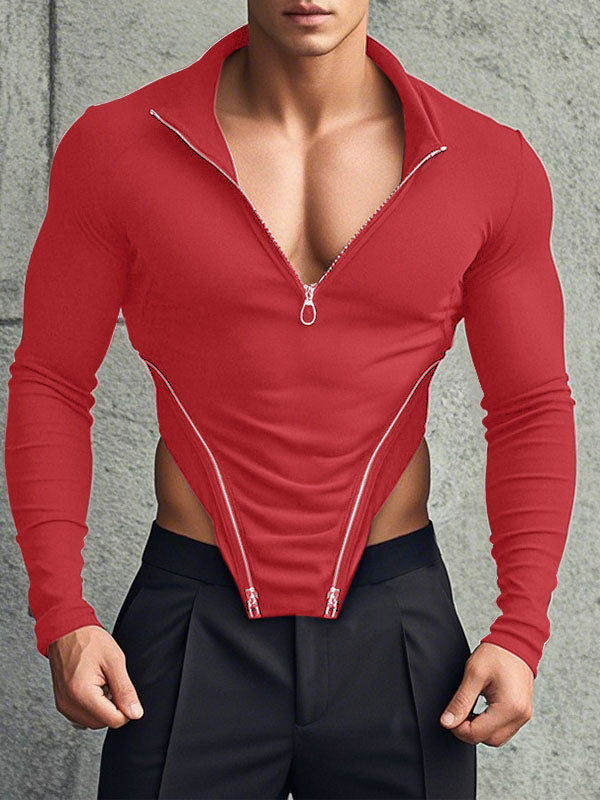 Mens Cut-Out Design Metal Zipper Long Sleeve T-Shirt SKUK97827