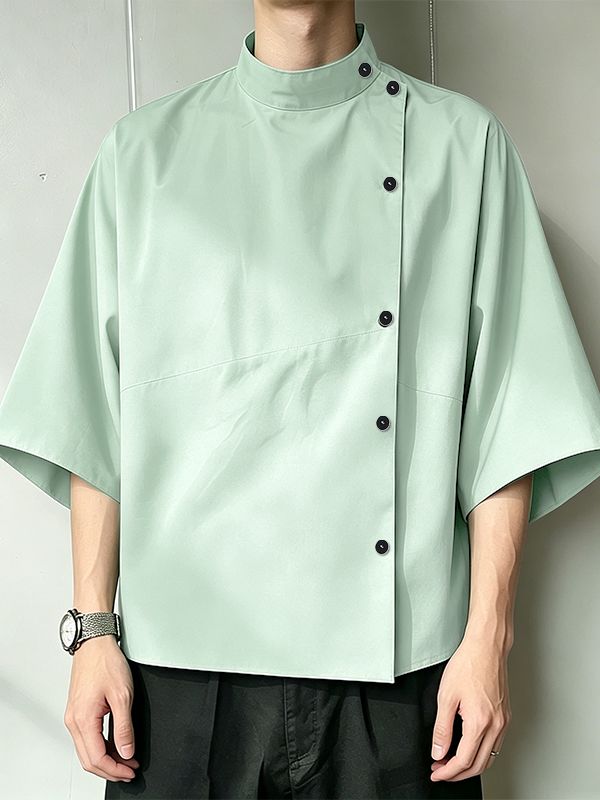 Men's Asymmetrical Side-Fastening High-Collar Boxy Shirt SKUL60115