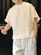Men's Japanese Relaxed Style Texture Oversized Rolled Cuff T-shirt SKUL76481